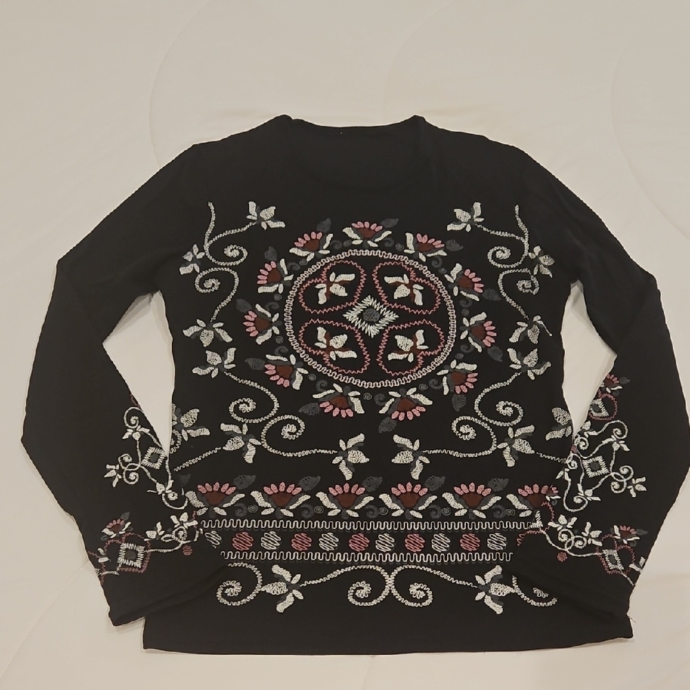European Culture Black and Pink Embroidered Long Sleeve Top